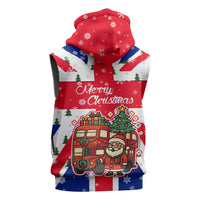 England Christmas Sleeveless Zip Hoodie with Red White Blue Santa Bus Tree and Three Lions Design - Wonder Print Shop