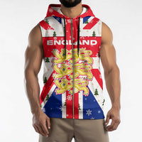 England Christmas Sleeveless Zip Hoodie with Red White Blue Santa Bus Tree and Three Lions Design - Wonder Print Shop