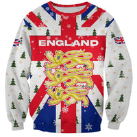 England Christmas Sweatshirt with Red White Blue Santa Bus Tree and Three Lions Design - Wonder Print Shop