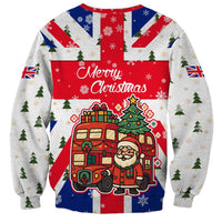 England Christmas Sweatshirt with Red White Blue Santa Bus Tree and Three Lions Design - Wonder Print Shop