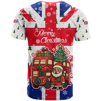 England Christmas T Shirt with Red White Blue Santa Bus Tree and Three Lions Design - Wonder Print Shop