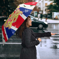 England Christmas Umbrella with Red White Blue Santa Bus Tree and Three Lions Design - Wonder Print Shop