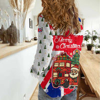 England Christmas Women Casual Shirt with Red White Blue Santa Bus Tree and Three Lions Design - Wonder Print Shop