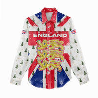 England Christmas Women Casual Shirt with Red White Blue Santa Bus Tree and Three Lions Design - Wonder Print Shop