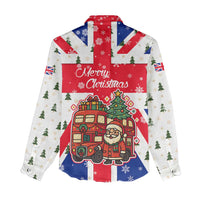 England Christmas Women Casual Shirt with Red White Blue Santa Bus Tree and Three Lions Design - Wonder Print Shop