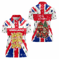 England Christmas Women Polo Shirt with Red White Blue Santa Bus Tree and Three Lions Design - Wonder Print Shop