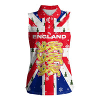 England Christmas Women Sleeveless Polo Shirt with Red White Blue Santa Bus Tree and Three Lions Design - Wonder Print Shop