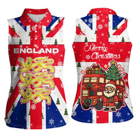 England Christmas Women Sleeveless Polo Shirt with Red White Blue Santa Bus Tree and Three Lions Design - Wonder Print Shop