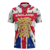 England Christmas Zipper Polo Shirt with Red White Blue Santa Bus Tree and Three Lions Design - Wonder Print Shop