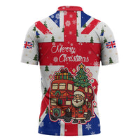 England Christmas Zipper Polo Shirt with Red White Blue Santa Bus Tree and Three Lions Design - Wonder Print Shop