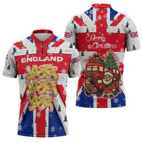 England Christmas Zipper Polo Shirt with Red White Blue Santa Bus Tree and Three Lions Design - Wonder Print Shop
