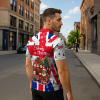 England Christmas Zipper Polo Shirt with Red White Blue Santa Bus Tree and Three Lions Design - Wonder Print Shop