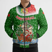 Portugal Christmas Bomber Puffer Jacket with Green Red Santa Ship Tree and Coat of Arms - Wonder Print Shop