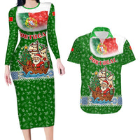 Portugal Christmas Couples Matching Long Sleeve Bodycon Dress and Hawaiian Shirt with Green Red Santa Ship Tree and Coat of Arms - Wonder Print Shop