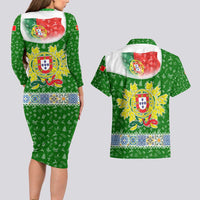 Portugal Christmas Couples Matching Long Sleeve Bodycon Dress and Hawaiian Shirt with Green Red Santa Ship Tree and Coat of Arms - Wonder Print Shop