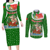 Portugal Christmas Couples Matching Long Sleeve Bodycon Dress and Long Sleeve Button Shirt with Green Red Santa Ship Tree and Coat of Arms - Wonder Print Shop