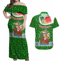 Portugal Christmas Couples Matching Off Shoulder Maxi Dress and Hawaiian Shirt with Green Red Santa Ship Tree and Coat of Arms - Wonder Print Shop