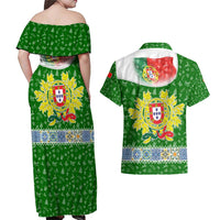 Portugal Christmas Couples Matching Off Shoulder Maxi Dress and Hawaiian Shirt with Green Red Santa Ship Tree and Coat of Arms - Wonder Print Shop