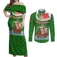 Portugal Christmas Couples Matching Off Shoulder Maxi Dress and Long Sleeve Button Shirt with Green Red Santa Ship Tree and Coat of Arms - Wonder Print Shop
