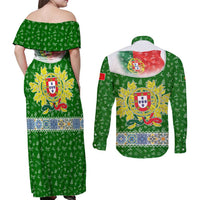 Portugal Christmas Couples Matching Off Shoulder Maxi Dress and Long Sleeve Button Shirt with Green Red Santa Ship Tree and Coat of Arms - Wonder Print Shop
