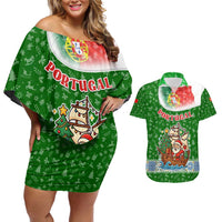 Portugal Christmas Couples Matching Off Shoulder Short Dress and Hawaiian Shirt with Green Red Santa Ship Tree and Coat of Arms - Wonder Print Shop
