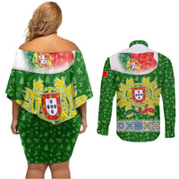 Portugal Christmas Couples Matching Off Shoulder Short Dress and Long Sleeve Button Shirt with Green Red Santa Ship Tree and Coat of Arms - Wonder Print Shop