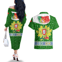 Portugal Christmas Couples Matching Off The Shoulder Long Sleeve Dress and Hawaiian Shirt with Green Red Santa Ship Tree and Coat of Arms - Wonder Print Shop