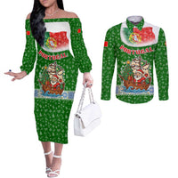 Portugal Christmas Couples Matching Off The Shoulder Long Sleeve Dress and Long Sleeve Button Shirt with Green Red Santa Ship Tree and Coat of Arms - Wonder Print Shop