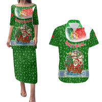 Portugal Christmas Couples Matching Puletasi and Hawaiian Shirt with Green Red Santa Ship Tree and Coat of Arms - Wonder Print Shop