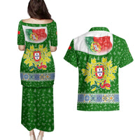 Portugal Christmas Couples Matching Puletasi and Hawaiian Shirt with Green Red Santa Ship Tree and Coat of Arms - Wonder Print Shop