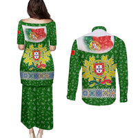 Portugal Christmas Couples Matching Puletasi and Long Sleeve Button Shirt with Green Red Santa Ship Tree and Coat of Arms - Wonder Print Shop