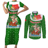 Portugal Christmas Couples Matching Short Sleeve Bodycon Dress and Long Sleeve Button Shirt with Green Red Santa Ship Tree and Coat of Arms - Wonder Print Shop