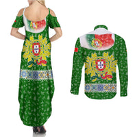 Portugal Christmas Couples Matching Summer Maxi Dress and Long Sleeve Button Shirt with Green Red Santa Ship Tree and Coat of Arms - Wonder Print Shop