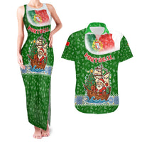 Portugal Christmas Couples Matching Tank Maxi Dress and Hawaiian Shirt with Green Red Santa Ship Tree and Coat of Arms - Wonder Print Shop