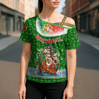 Portugal Christmas Cross Shoulder Shirt with Green Red Santa Ship Tree and Coat of Arms - Wonder Print Shop