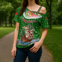 Portugal Christmas Cross Shoulder Shirt with Green Red Santa Ship Tree and Coat of Arms - Wonder Print Shop