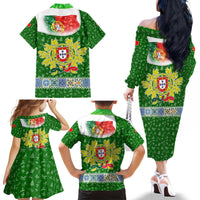 Portugal Christmas Family Matching Off The Shoulder Long Sleeve Dress and Hawaiian Shirt with Green Red Santa Ship Tree and Coat of Arms - Wonder Print Shop