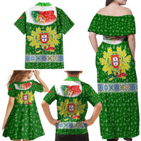 Portugal Christmas Family Matching Off Shoulder Maxi Dress and Hawaiian Shirt with Green Red Santa Ship Tree and Coat of Arms - Wonder Print Shop