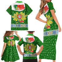 Portugal Christmas Family Matching Short Sleeve Bodycon Dress and Hawaiian Shirt with Green Red Santa Ship Tree and Coat of Arms - Wonder Print Shop