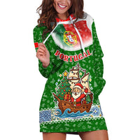 Portugal Christmas Hoodie Dress with Green Red Santa Ship Tree and Coat of Arms - Wonder Print Shop