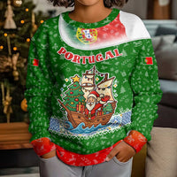 Portugal Christmas Kid Ugly Christmas Sweater with Green Red Santa Ship Tree and Coat of Arms - Wonder Print Shop