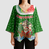 Portugal Christmas Kimono Sleeve Blouse with Green Red Santa Ship Tree and Coat of Arms - Wonder Print Shop