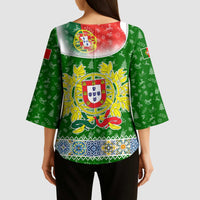 Portugal Christmas Kimono Sleeve Blouse with Green Red Santa Ship Tree and Coat of Arms - Wonder Print Shop