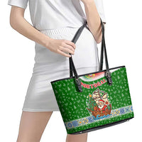 Portugal Christmas Leather Tote Bag with Green Red Santa Ship Tree and Coat of Arms - Wonder Print Shop