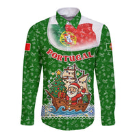 Portugal Christmas Long Sleeve Button Shirt with Green Red Santa Ship Tree and Coat of Arms - Wonder Print Shop