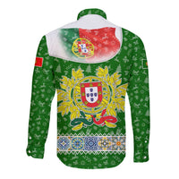 Portugal Christmas Long Sleeve Button Shirt with Green Red Santa Ship Tree and Coat of Arms - Wonder Print Shop