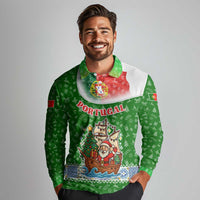Portugal Christmas Long Sleeve Polo Shirt with Green Red Santa Ship Tree and Coat of Arms - Wonder Print Shop