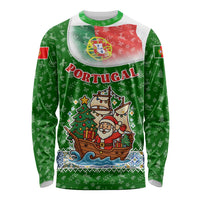 Portugal Christmas Long Sleeve Shirt with Green Red Santa Ship Tree and Coat of Arms - Wonder Print Shop