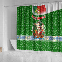 Portugal Christmas Shower Curtain with Green Red Santa Ship Tree and Coat of Arms - Wonder Print Shop