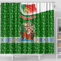 Portugal Christmas Shower Curtain with Green Red Santa Ship Tree and Coat of Arms - Wonder Print Shop